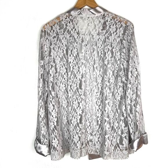 J. Peterman Satin Bow Necktie Open Front Silver Gray Lace Jacket Topper size 14 - Picture 5 of 7